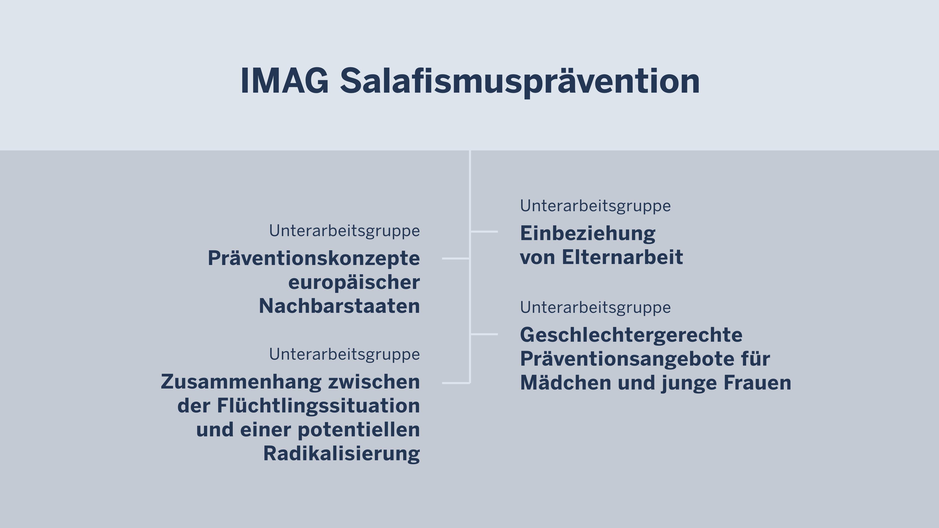 Organigramm der IMAG Salafismusprävention mit den Unterarbeitsgruppen.